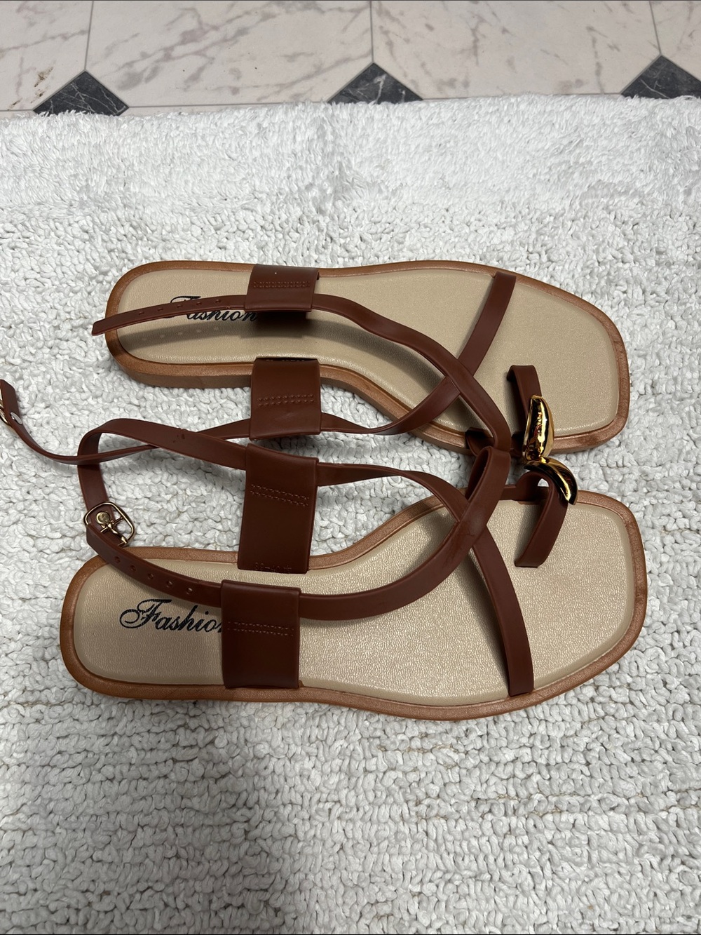 Brown Strappy Flat Sandals with Gold Accent